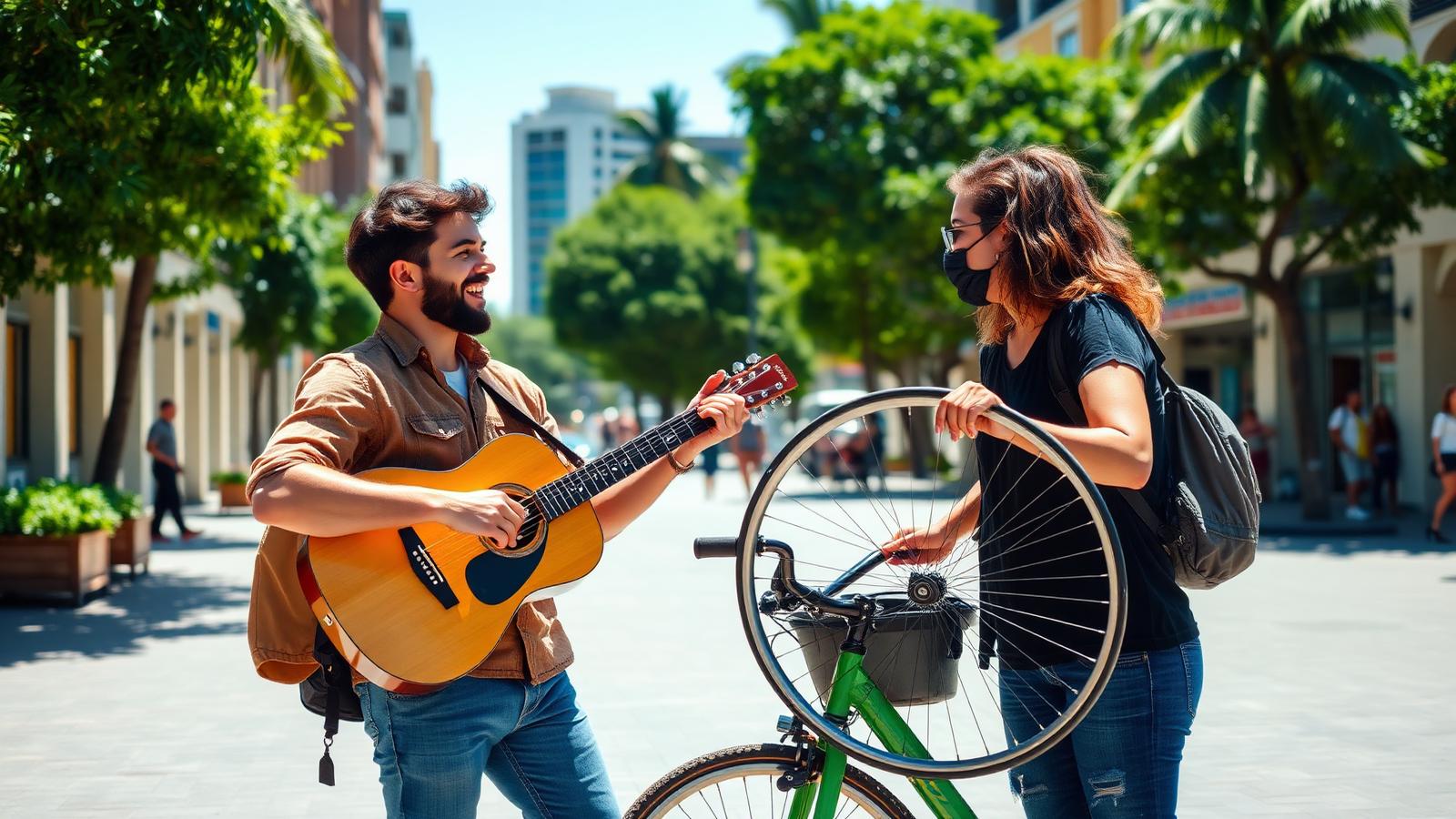 Duas pessoas trocando um violão por uma bicicleta em uma praça